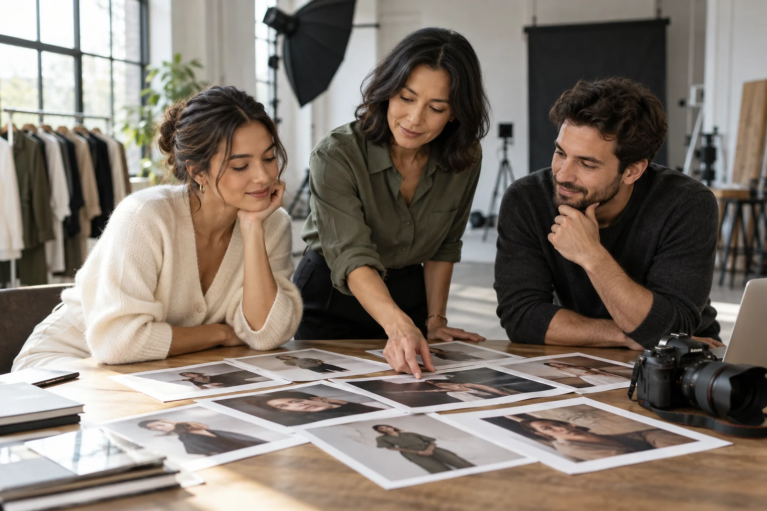 Agenturteam bespricht Modelbilder in einem Fotostudio